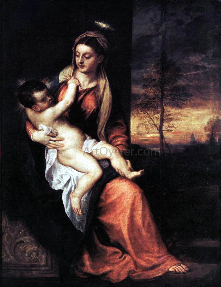 Titian Madonna and Child in an Evening Landscape - Canvas Print
