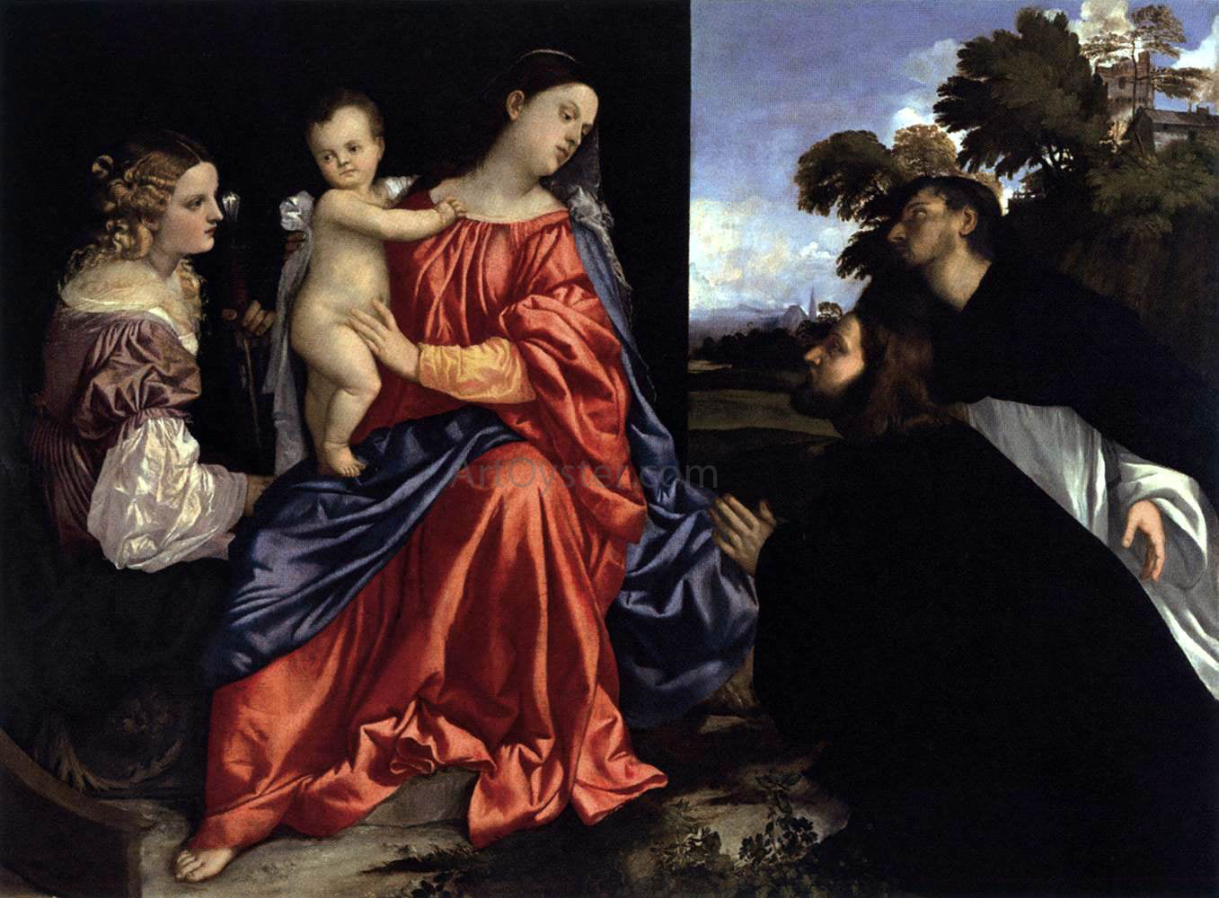 Titian Madonna and Child with Sts Catherine and Dominic and a Donor - Canvas Print