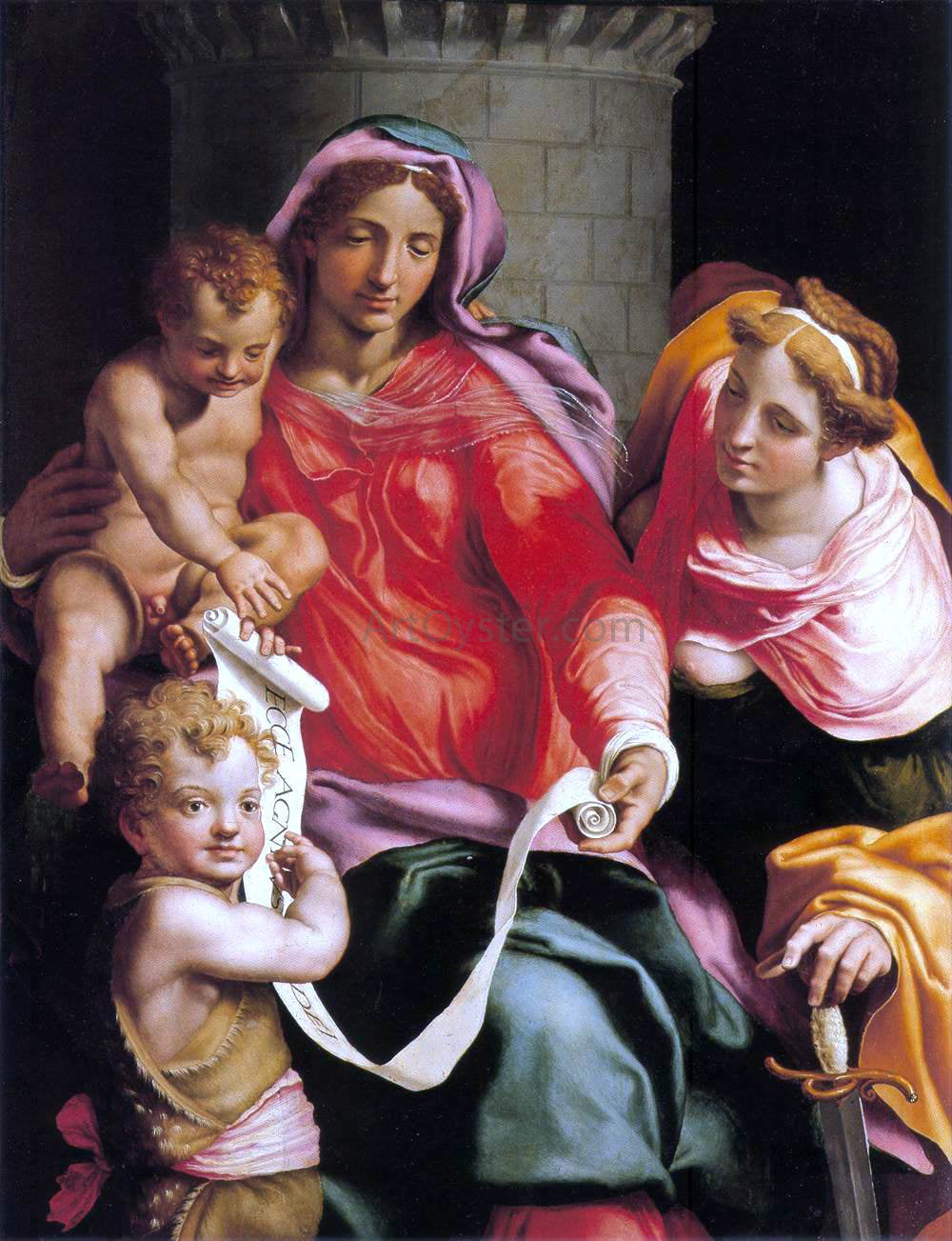 Daniele Da volterra Madonna with Child, Sts Giovannino and Barbara - Canvas Print