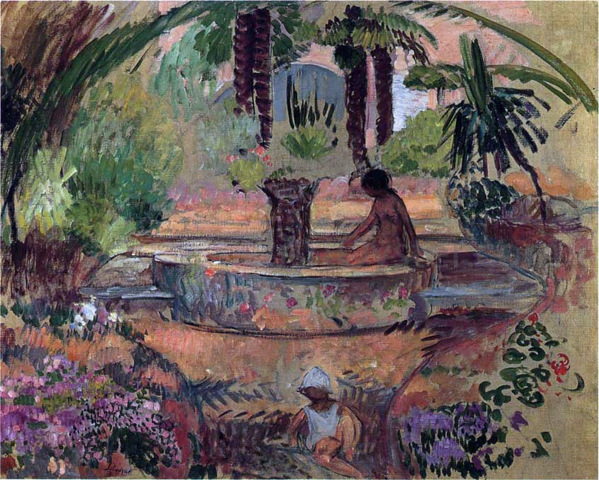 Henri Lebasque Marthe and Pierre at a Fountain in Saint Maxime - Canvas Print