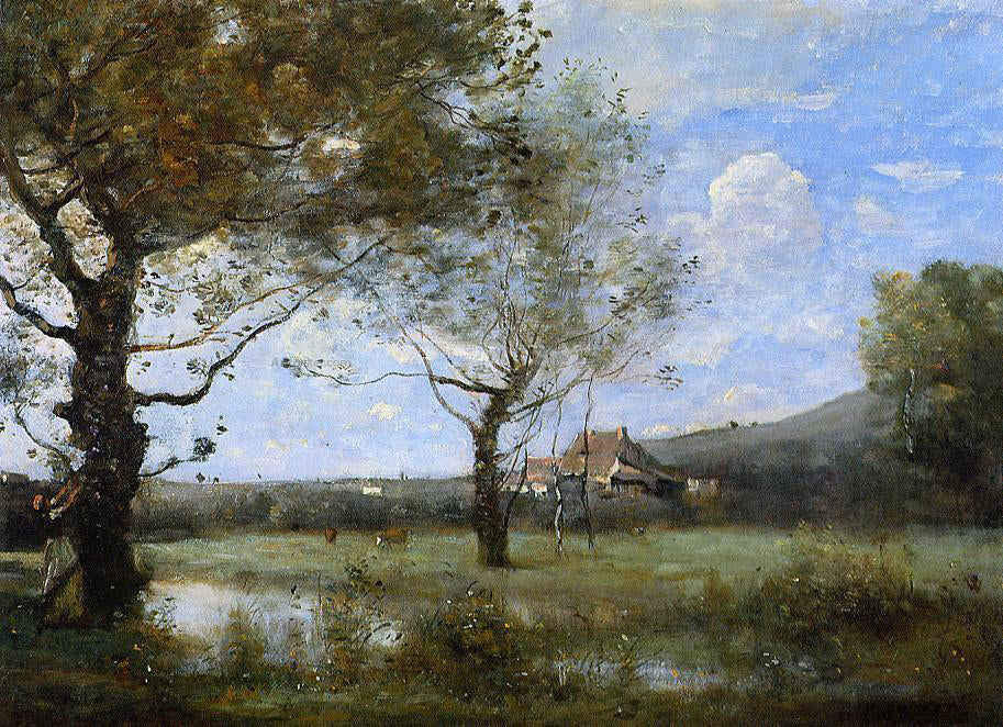 Jean-Baptiste-Camille Corot Meadow with Two Large Trees - Canvas Print