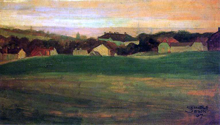 Egon Schiele Meadow with Village in Background II - Canvas Print