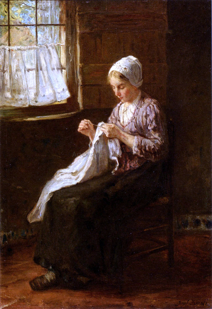 Jozef Israels Mending By A Window - Canvas Print