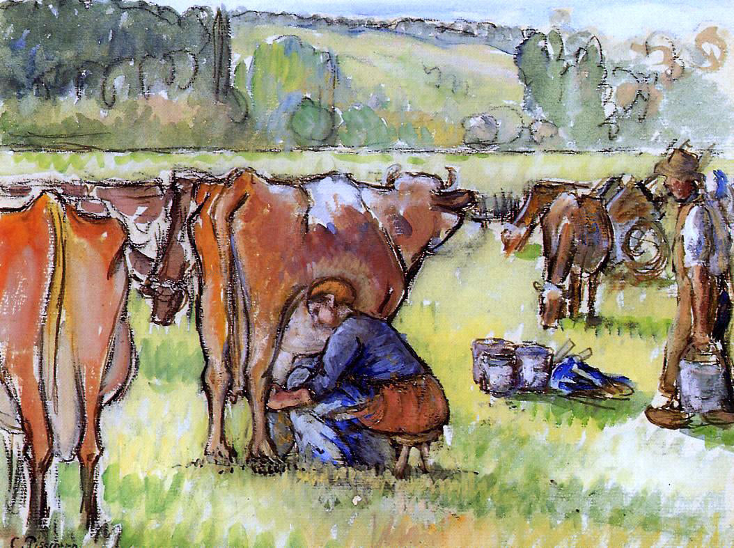 Camille Pissarro Milking Cows - Canvas Print