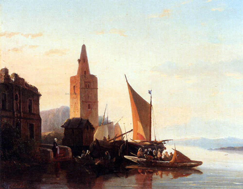 Francois-Jean-Louis Boulanger Moored Shipping By A Lighthouse - Canvas Print