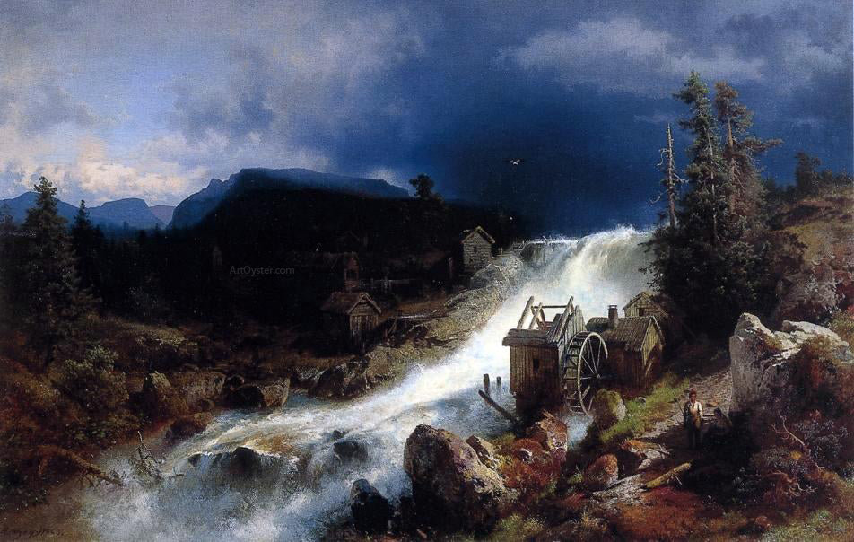 Herman Herzog Mountain Landscape with Watermill - Canvas Print