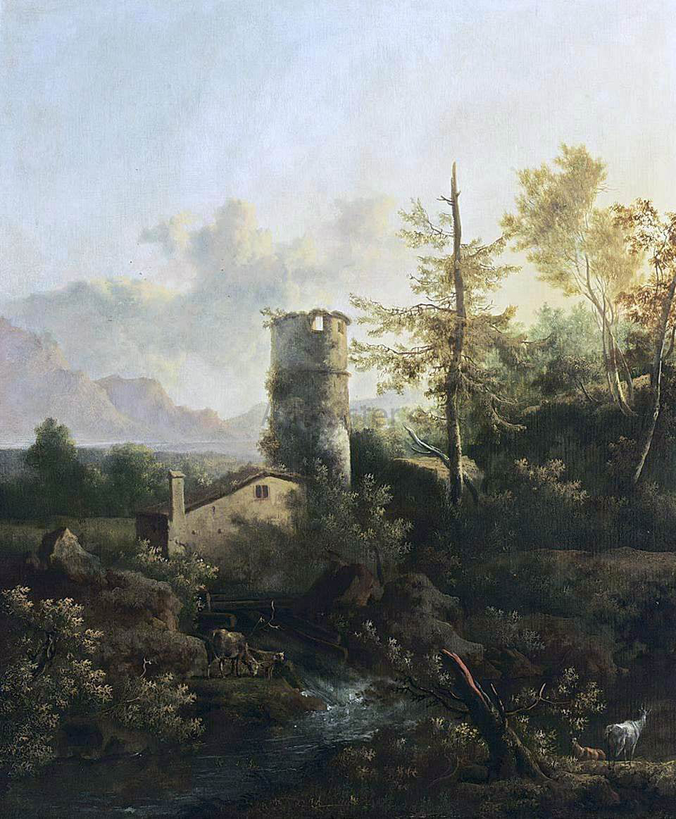 Frederick De Moucheron Mountainous Wooded River Landscape - Canvas Print