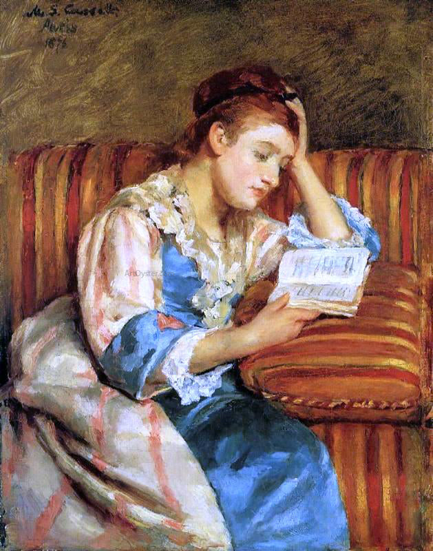 Mary Cassatt Mrs. Duffee Seated on a Striped Sofa, Reading - Canvas Print