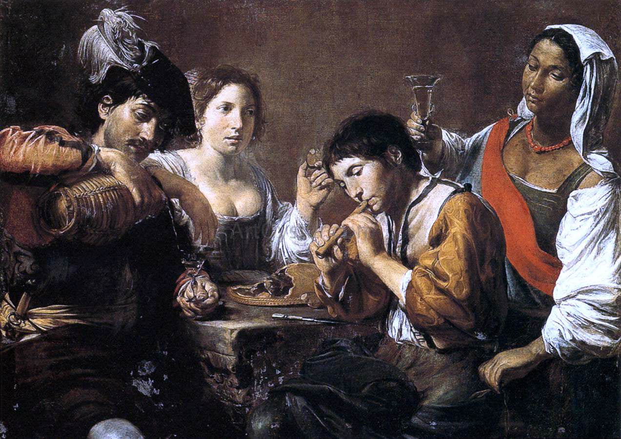 Valentin De boulogne Musician and Drinkers - Canvas Print