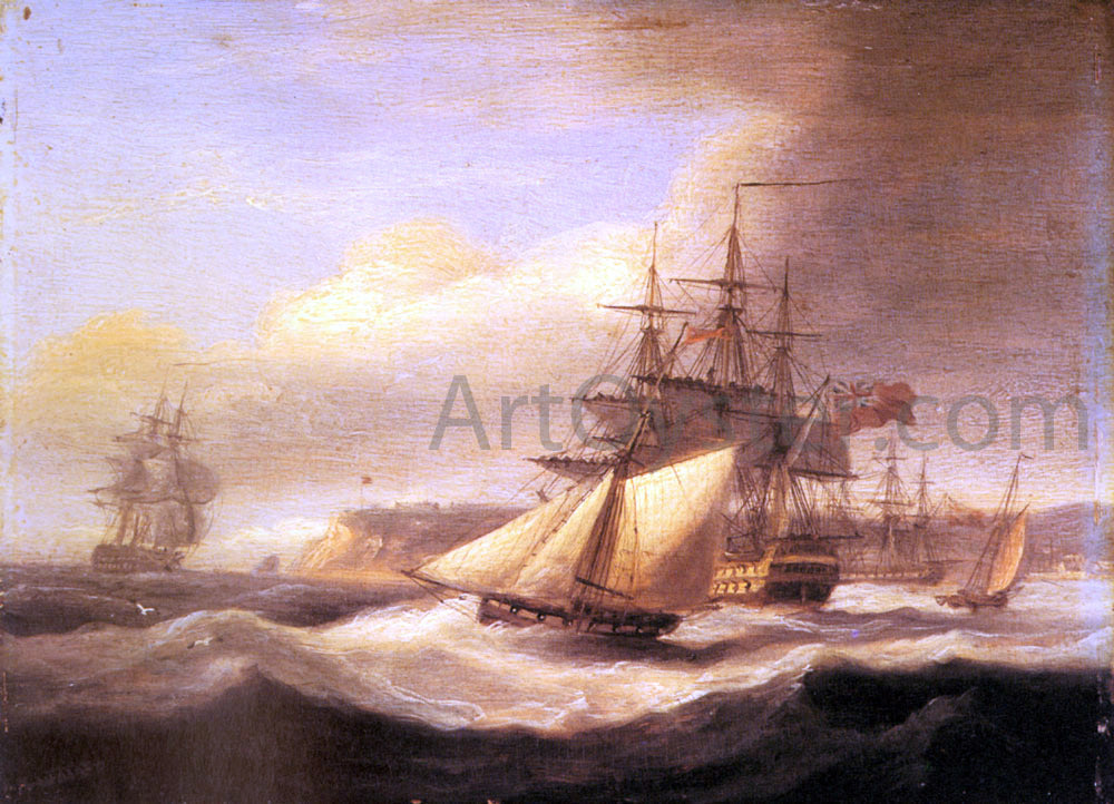 Thomas Luny Naval ships setting sail with a revenue cutter off Berry Head, Torbay - Canvas Print