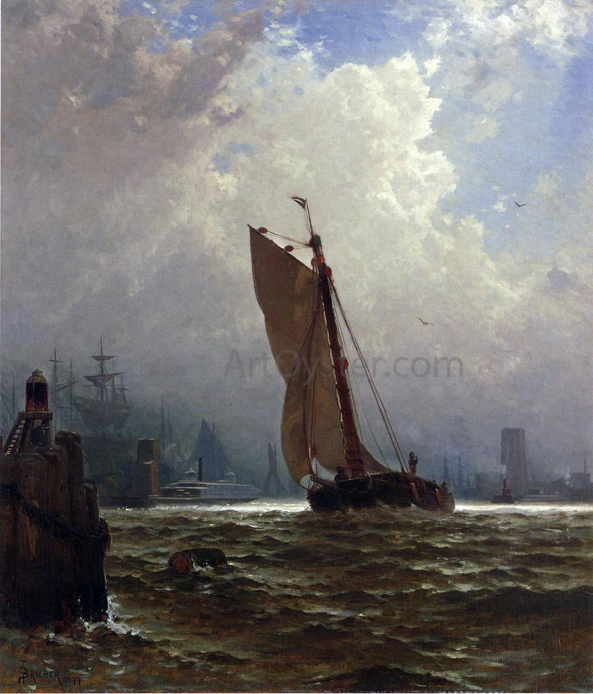 Alfred Thompson Bricher New York Harbor with the Brooklyn Bridge Under Construction - Canvas Print