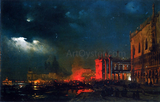 Ippolito Caffi Night Festival on the Molo di San Marco upon the Feast Day of the Archduke Massimiliano d'Asborgo - Canvas Print