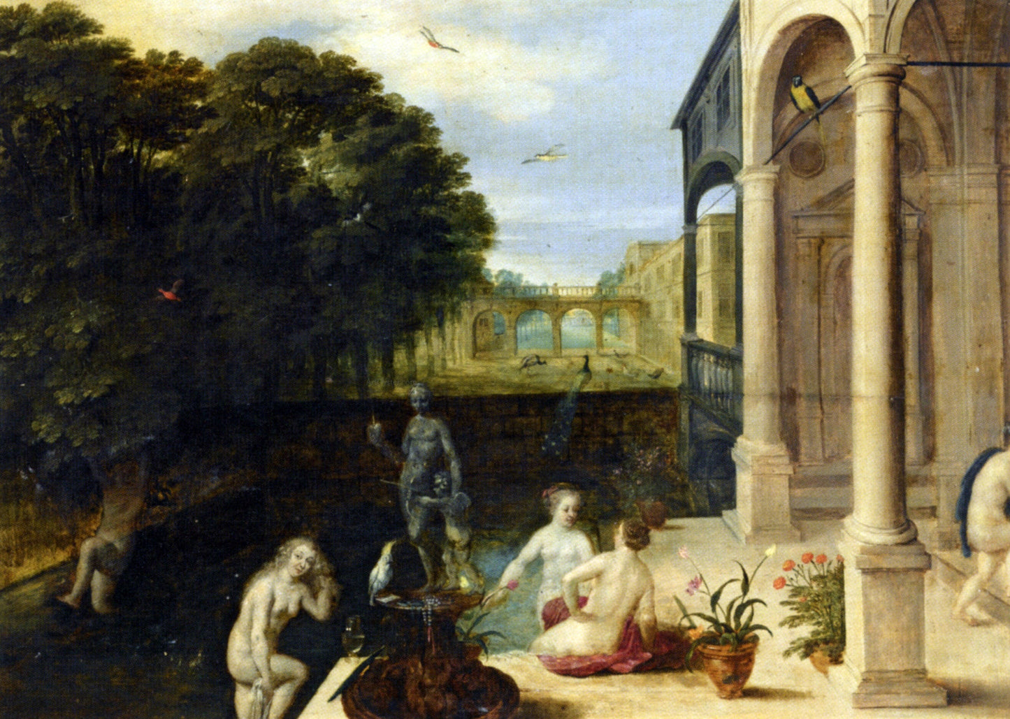 Adriaan Van Stalbemt Nymphs Bathing in a Classical Garden Setting - Canvas Print