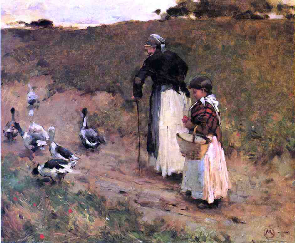 Willard Leroy Metcalf Old Woman with Child and Goose - Canvas Print
