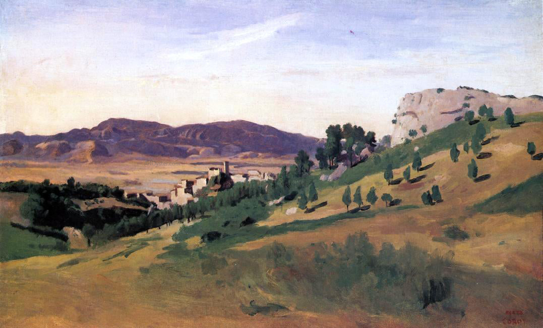 Jean-Baptiste-Camille Corot Olevano, the Town and the Rocks - Canvas Print