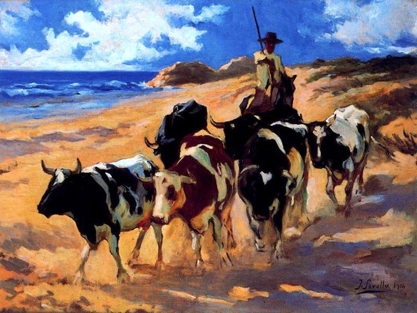 Joaquin Sorolla Y Bastida Oxen at the Beach - Canvas Print