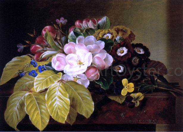 Johan Laurentz Jensen Pansies, Appleblossoms, Gloxinia, Phlox and Primula Auricula on a Brown Marble Ledge - Canvas Print