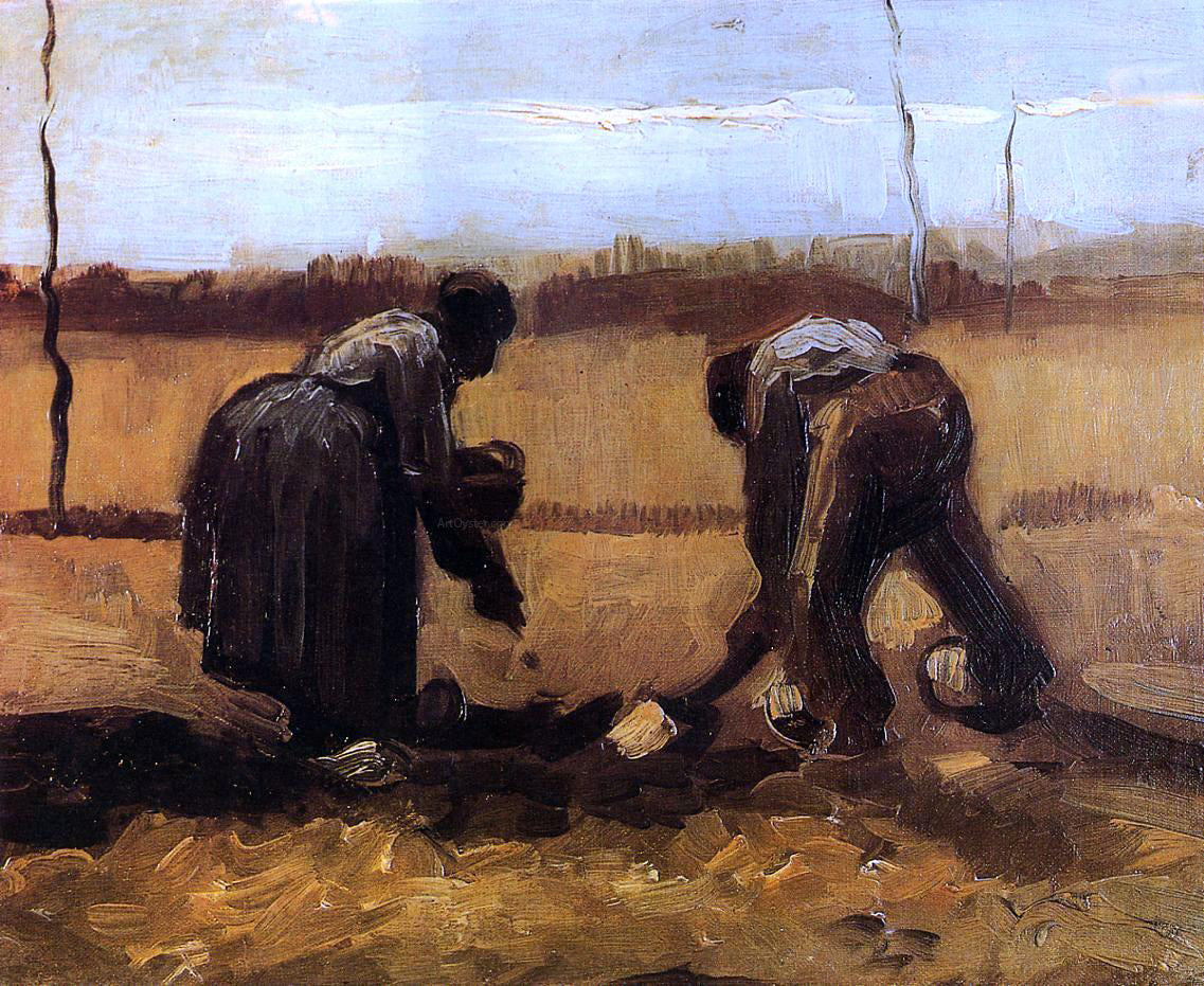Vincent Van Gogh Peasant Man and Woman Planting Potatoes - Canvas Print