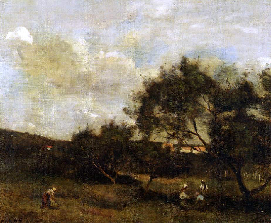 Jean-Baptiste-Camille Corot Peasants near a Village - Canvas Print