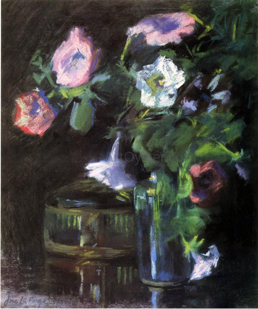 John La Farge Petunias in a Glass Vase - Canvas Print