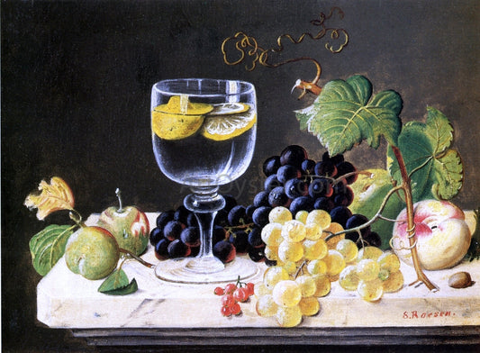Severin Roesen Plums, Waterglass and Peaches - Canvas Print