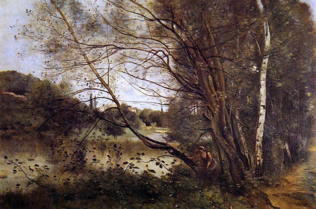 Jean-Baptiste-Camille Corot Pond at Ville d'Avray, with Leaning Trees - Canvas Print