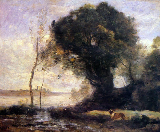 Jean-Baptiste-Camille Corot Pond with Dog - Canvas Print