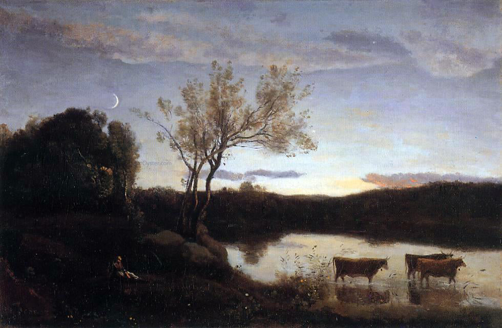 Jean-Baptiste-Camille Corot Pond with Three Cows and a Crescent Moon - Canvas Print