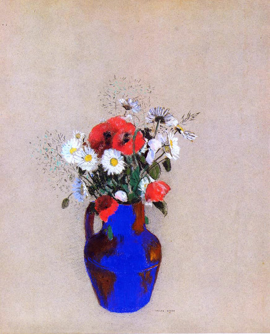 Odilon Redon Poppies and Daisies in a Blue Vase - Canvas Print