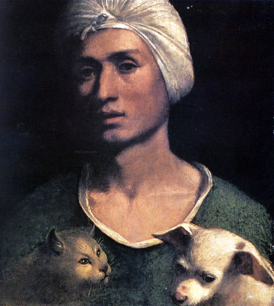 Dosso Dossi Portrait of a Young Man with a Dog and a Cat - Canvas Print