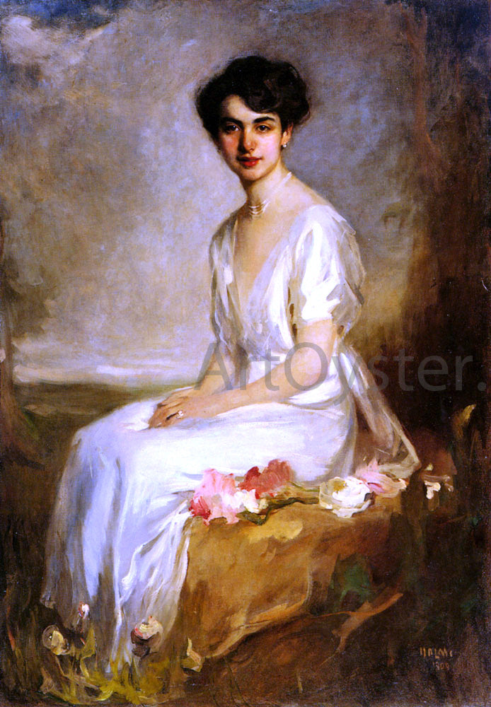 Artur Lajos Halmi Portrait of an Elegant Young Woman in a White Dress - Canvas Print