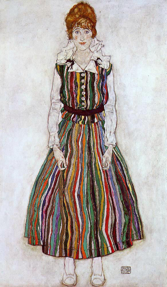 Egon Schiele Portrait of Edith Schiele in a Striped Dress - Canvas Print