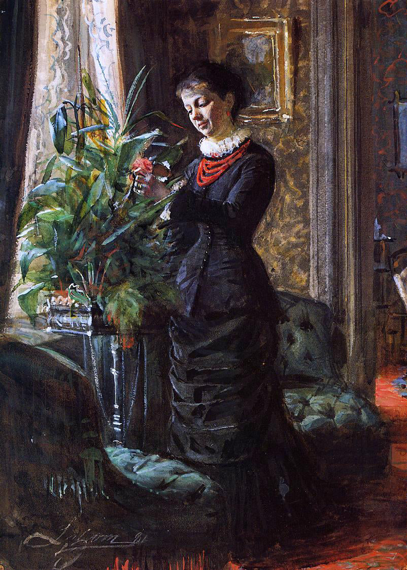 Anders Zorn Portrait of Fru Lisen Samson, nee Hirsch, Arranging Flowers at a Window - Canvas Print