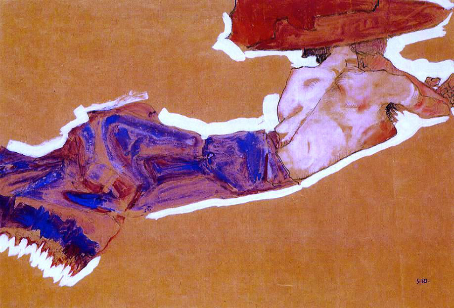 Egon Schiele Reclining Semi-Nude with Red Hat - Canvas Print