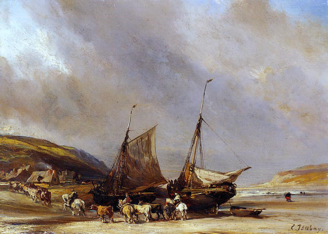Eugene Isabey Riders on the Beach with Ship - Canvas Print