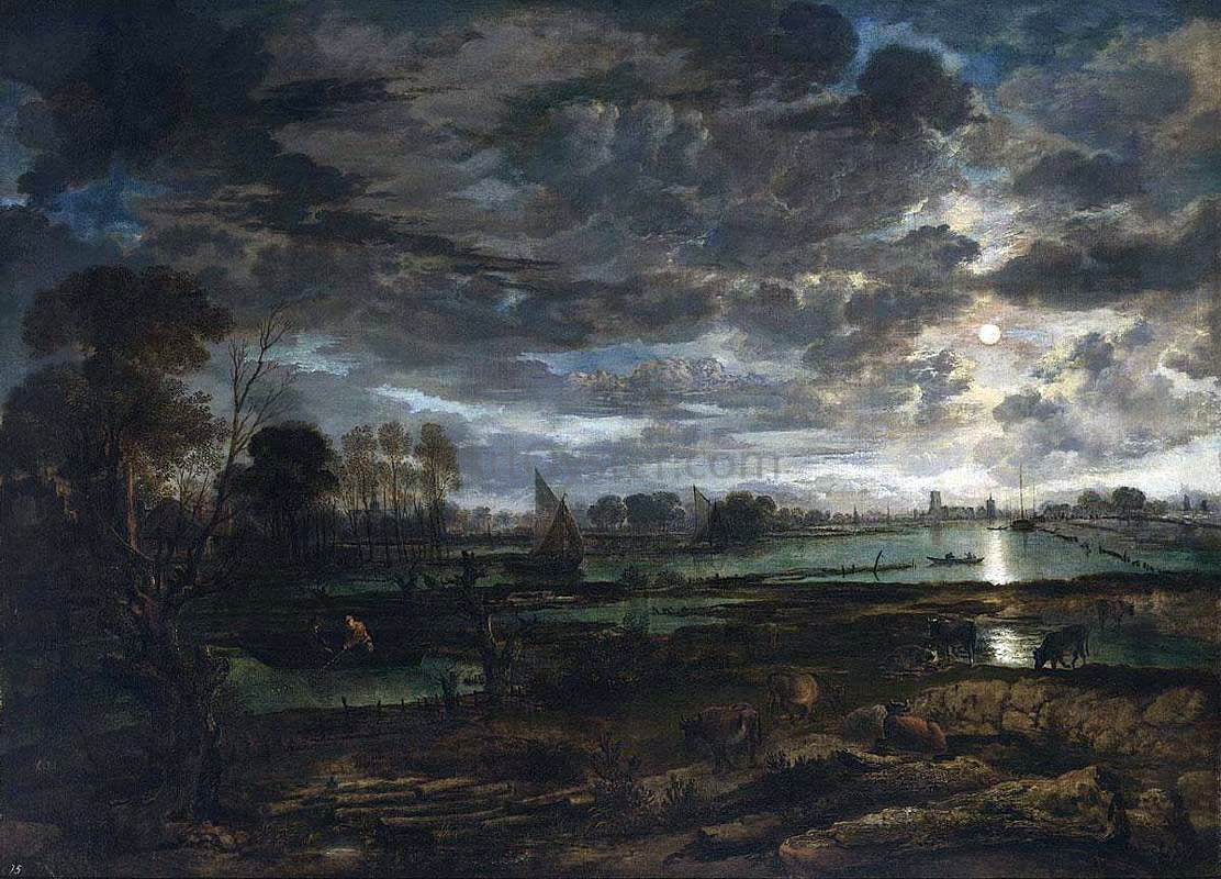 Aert Van der Neer River Landscape - Canvas Print