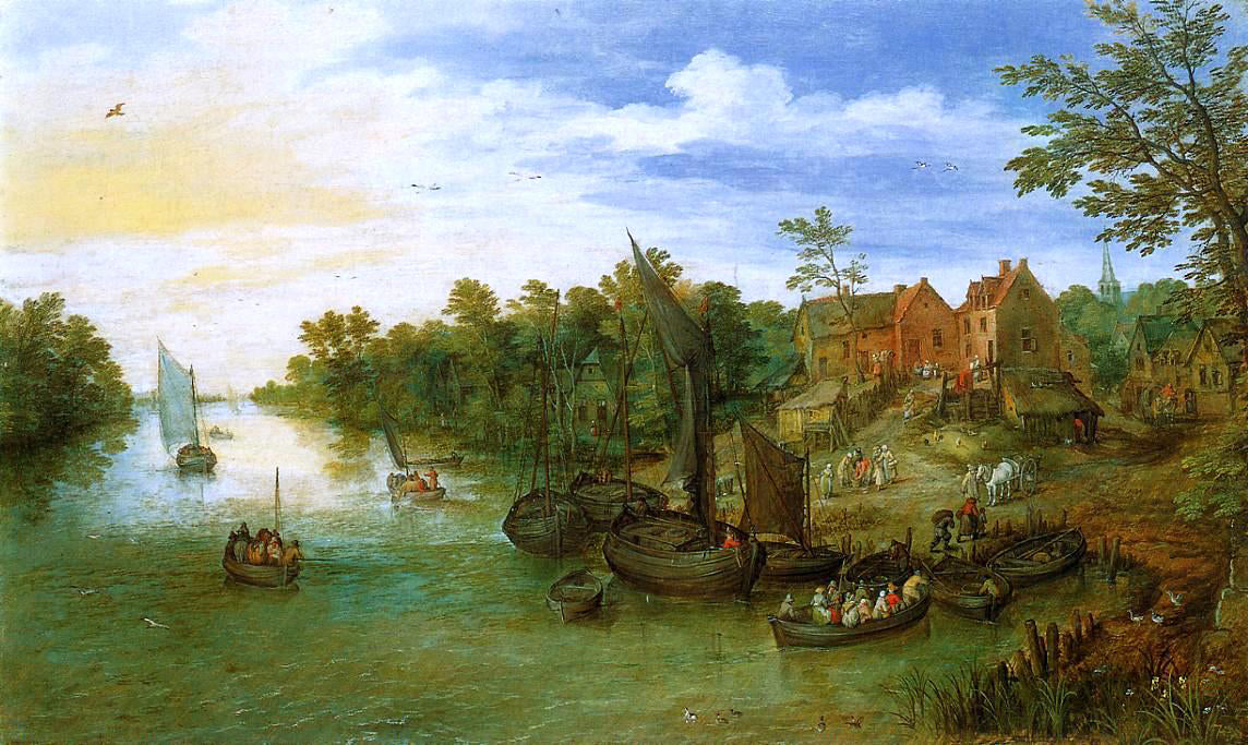 The Elder Jan Bruegel River Landscape with Landing - Canvas Print