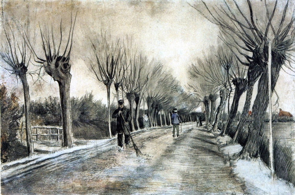 Vincent Van Gogh Road with Pollarded Willows and a Man with a Broom - Canvas Print