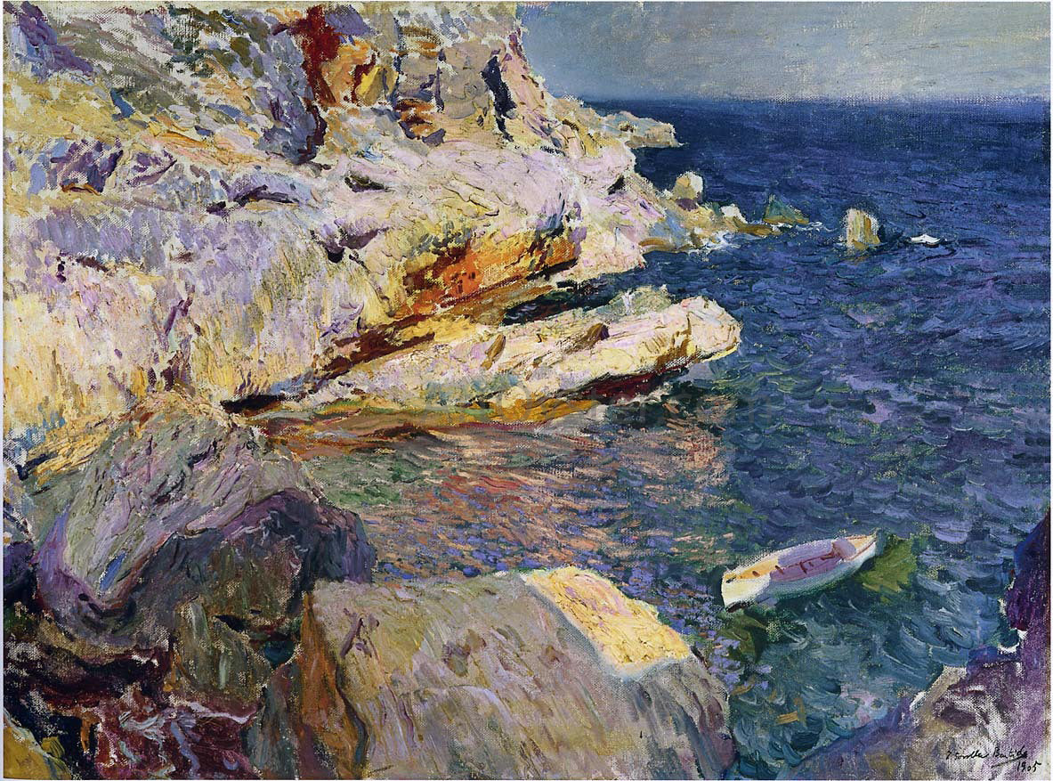 Joaquin Sorolla Y Bastida Rocks and White Boat, Javea - Canvas Print
