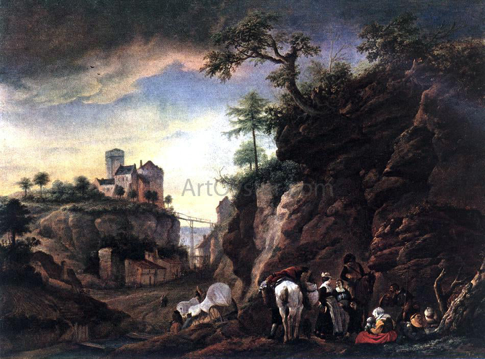 Philips Wouwerman Rocky Landscape with Resting Travellers - Canvas Print