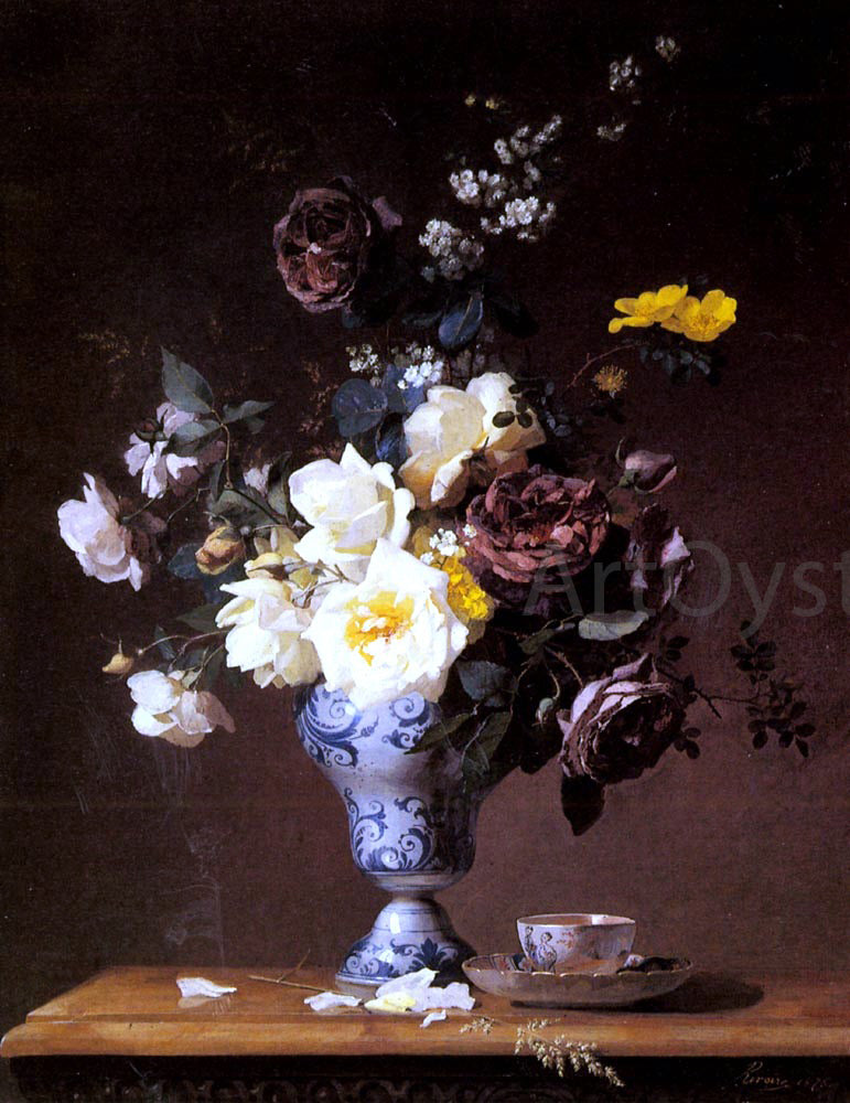 Francois Rivoire Roses and Other Flowers in a Blue and White Vase and a Teacup on a Ledge - Canvas Print