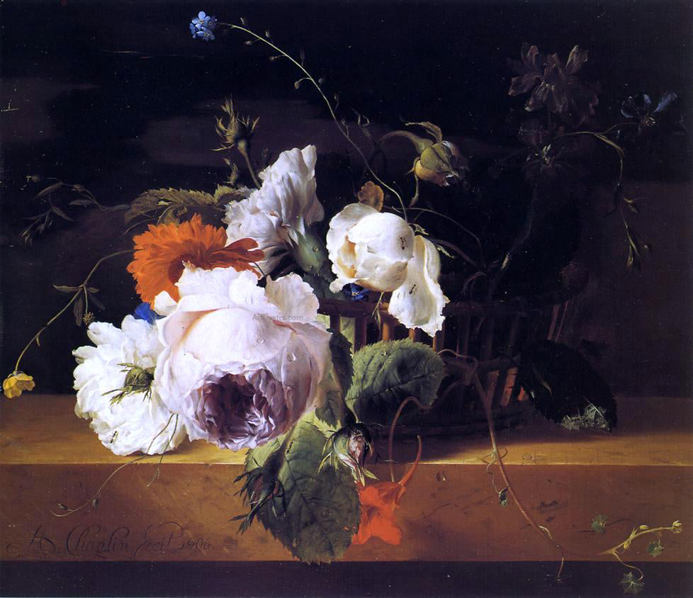Arthur Chaplin Roses, Carnations, and Assorted Wildflowers in a Basket on a Marble Ledge - Canvas Print