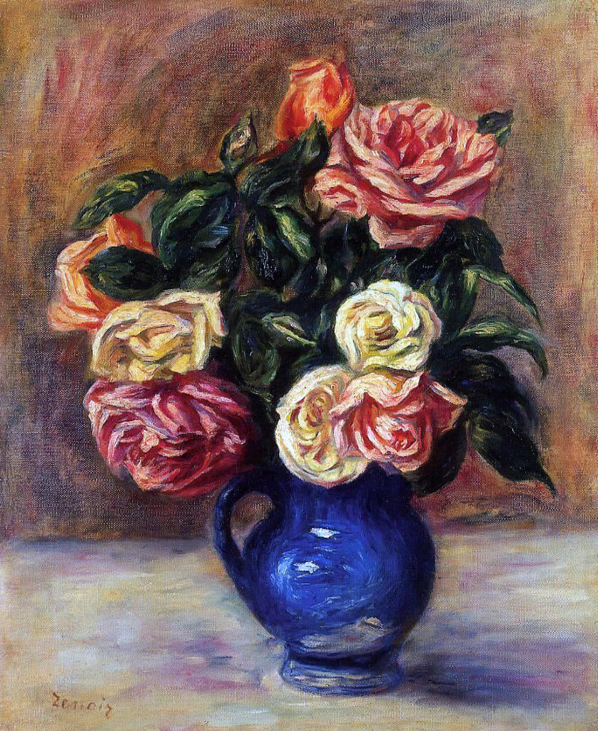 Pierre Auguste Renoir Roses in a Blue Vase - Canvas Print
