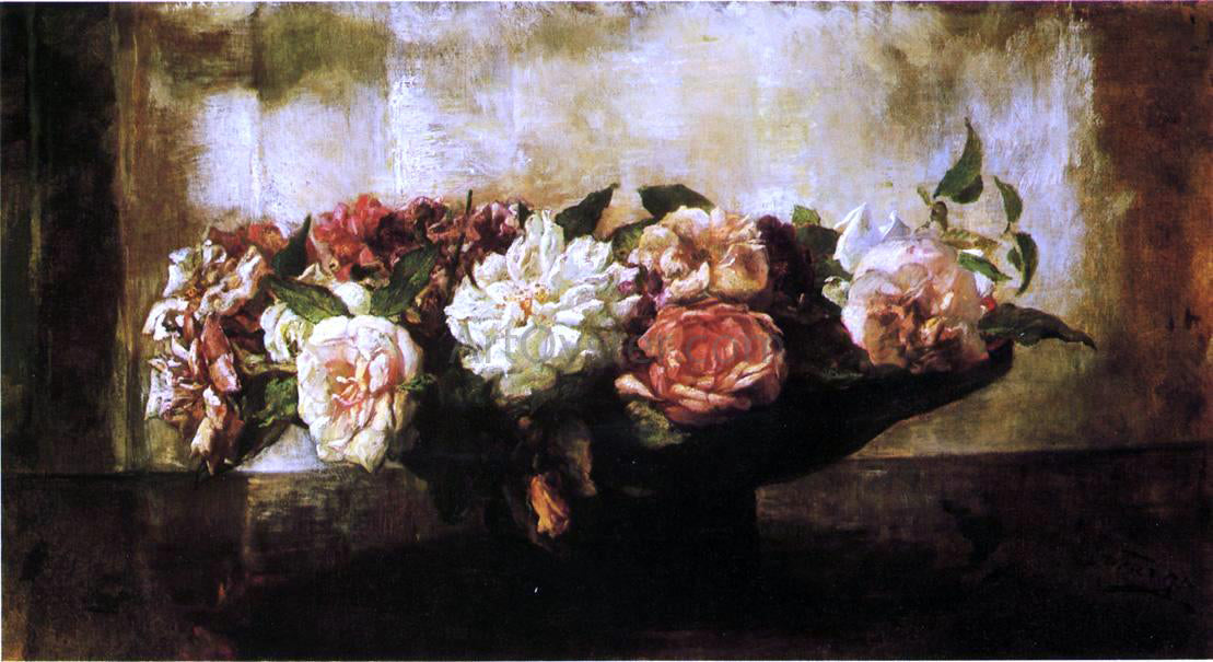 John La Farge Roses in a Shallow Bowl - Canvas Print