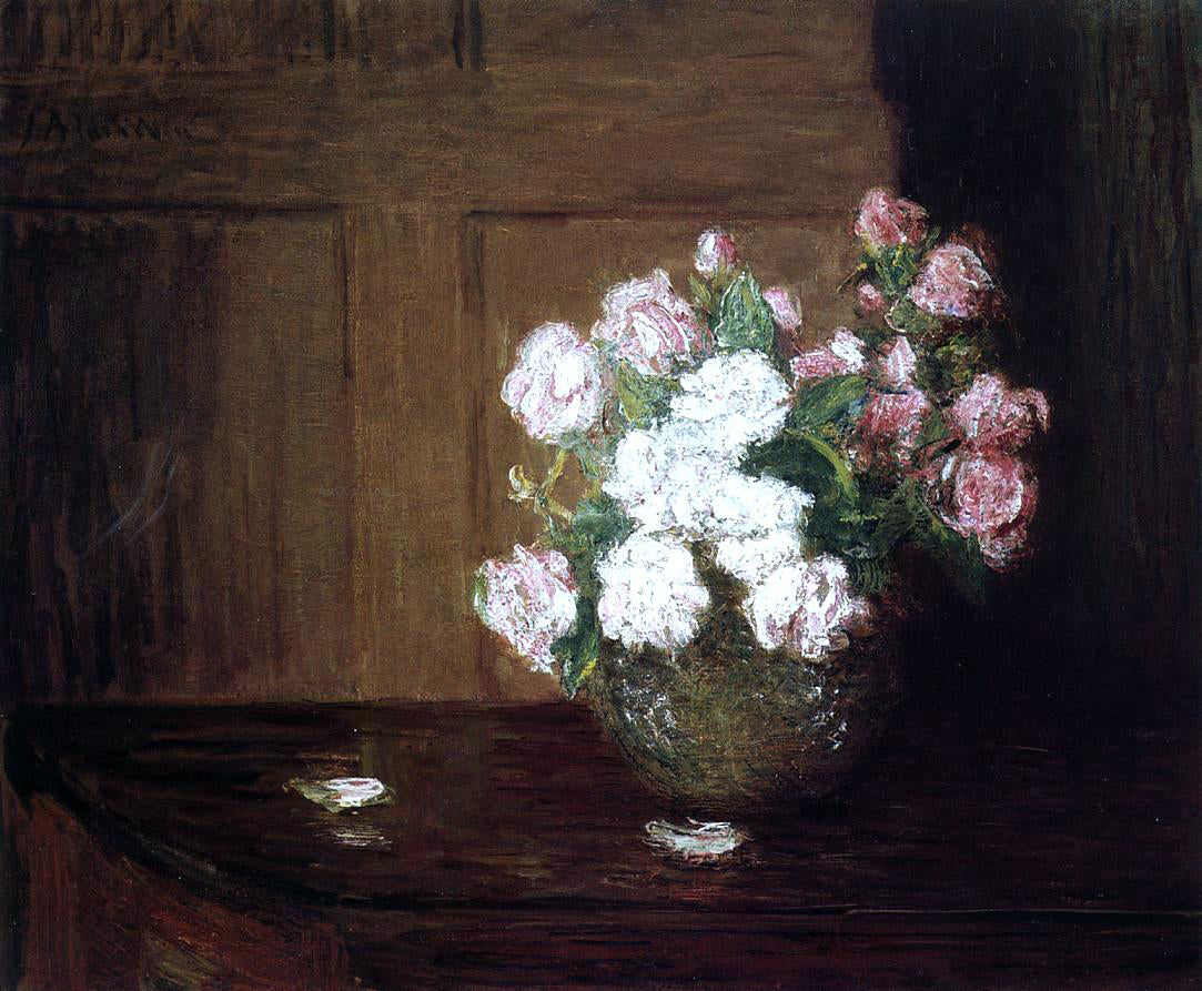 Julian Alden Weir Roses in a Silver Bowl on a Mahogany Table - Canvas Print