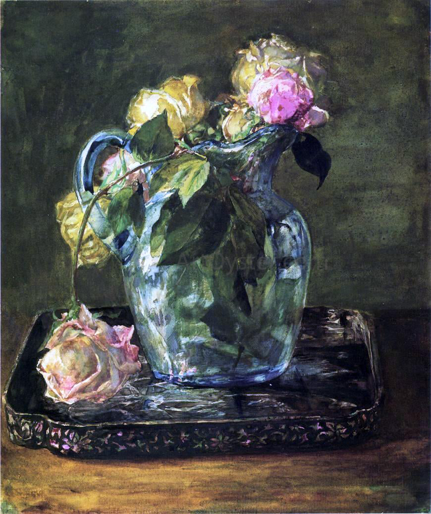 John La Farge Roses in Blue Crackle Glass Pitcher - Canvas Print