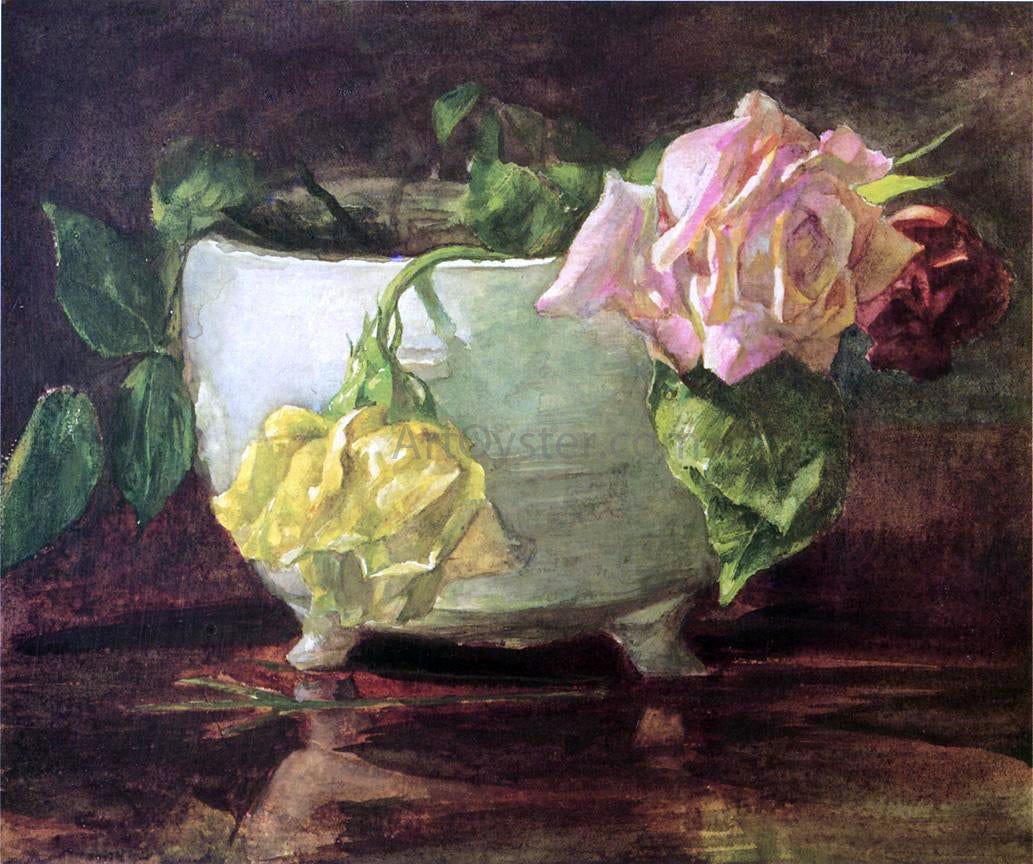 John La Farge Roses in Old Chinese Bowl - Canvas Print