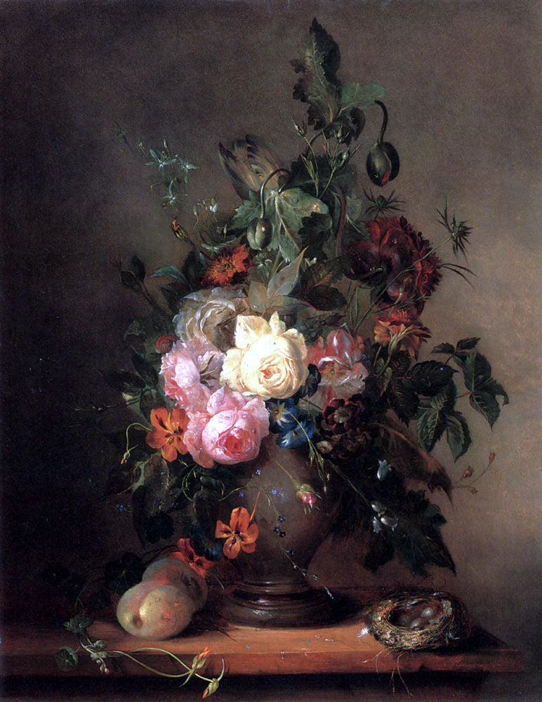 Francois-Joseph Huygens Roses, Morning Glory, Poppies and Tulips with Peaches and a Bird's Nest on a Wooden Ledge - Canvas Print