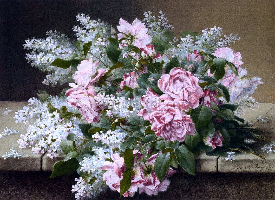 Raoul Paul Maucherat De Longpre Roses on a Marble Tabletop - Canvas Print