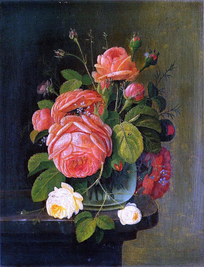 Severin Roesen Roses on a Tabletop - Canvas Print